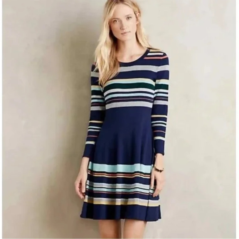 Anthropologie Moth Luca Striped Scoop Neck Sweater Dress in Navy and Grey - XS